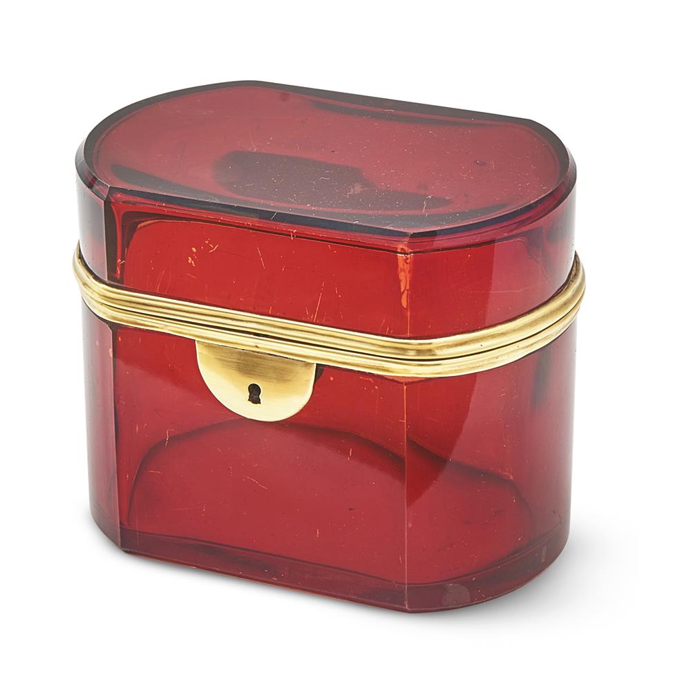 A FRENCH OR BOHEMIAN RUBY FLASHED AND CLEAR GLASS AND GILT METAL MOUNTED BOX, LATE 19TH CENTURY