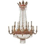 AN ITALIAN NEOCLASSICAL CRYSTAL , GILT METAL AND TOLE PEINTE EIGHTEEN CANDLE CHANDELIER, CIRCA 1880