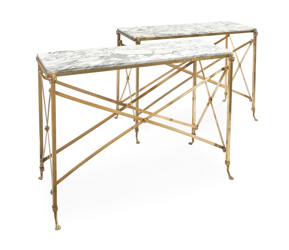 A PAIR OF GILT METAL RECTANGULAR CONSOLE TABLES IN CAMPAIGN STYLE ATTRIBUTED TO ERAIIS - Image 3 of 3