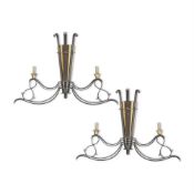 A LARGE PAIR OF FRENCH STEEL & BRASS WALL SCONCES AFTER DESIGNS BY ARBUS & POILLERAT, CIRCA 1970
