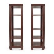 A PAIR OF NEOCLASSICAL STYLE FIVE TIER OPEN MAHOGANY SHELVES, MID 20TH CENTURY