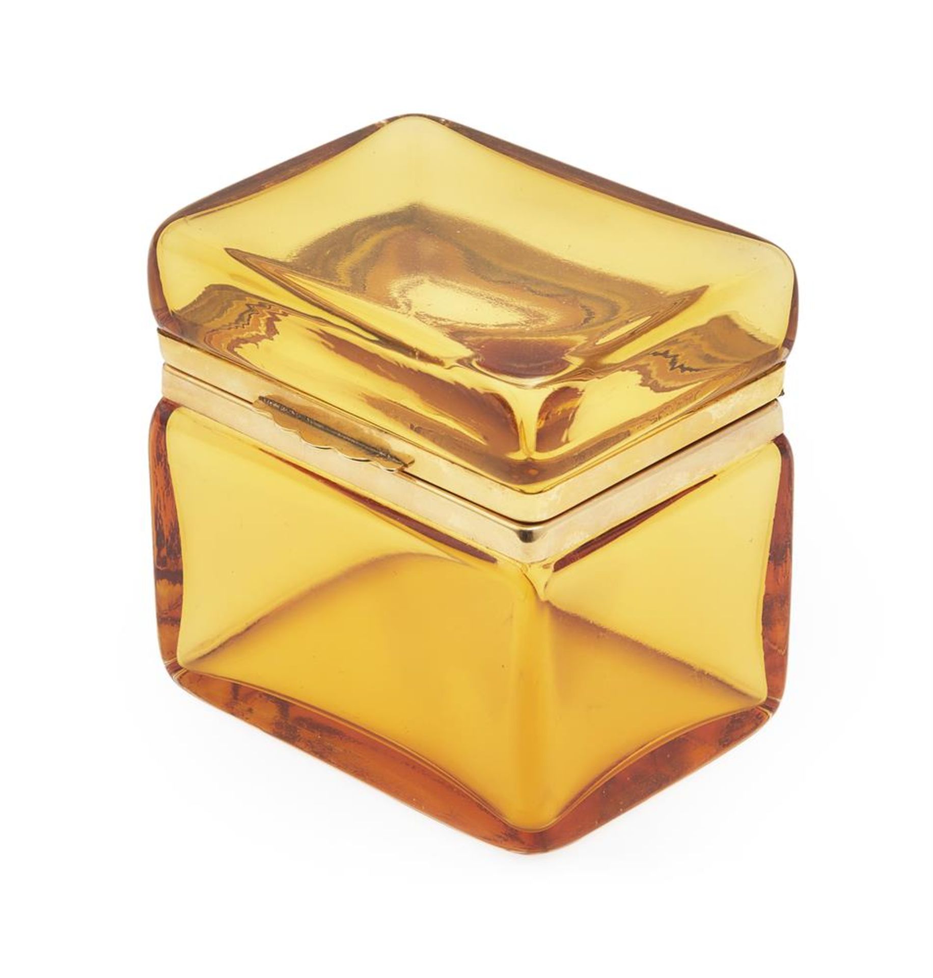 A MURANO PRESS MOULDED AMBER GLASS AND GILT METAL MOUNTED BOX, 20TH CENTURY