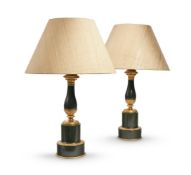 A PAIR OF FRENCH TOLE AND ORMOLU BALUSTER COLUMN TABLE LAMPS, CIRCA 1850