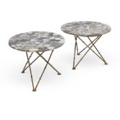 A PAIR OF MODERN GILT METAL AND BLUE AGATE MOUNTED LOW OCCASIONAL TABLES BY GUINEVERE