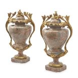 A LARGE PAIR OF NAPOLEON III ORMOLU MOUNTED PORTASANTA MARBLE CASSOLETTES FRENCH, CIRCA 1870