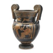 AN ITALIAN COLD PAINTED TERRACOTTA ATTIC STYLE VOLUTE KRATER, MID 20TH CENTURY