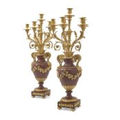 A GOOD PAIR OF NEOCLASSICAL ORMOLU MOUNTED GRIOTTE UNI MARBLE CANDELABRA, FRENCH, CIRCA 1890