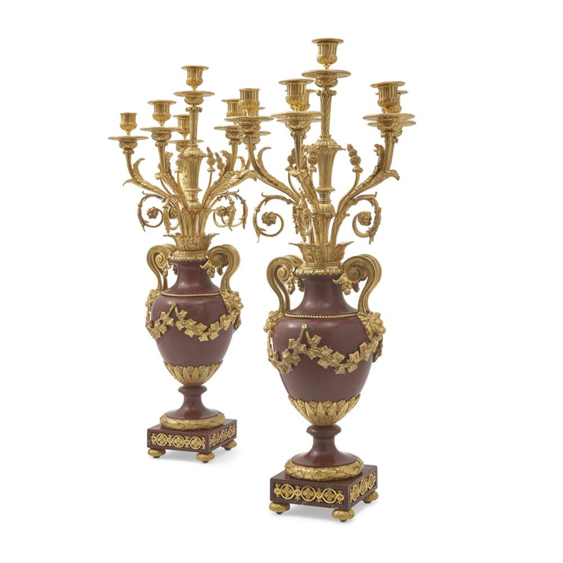 A GOOD PAIR OF NEOCLASSICAL ORMOLU MOUNTED GRIOTTE UNI MARBLE CANDELABRA, FRENCH, CIRCA 1890