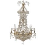 A LARGE TENT FORM BEADED GLASS AND GILT AND CHASED BRONZE 18 LIGHT CHANDELIER FRENCH