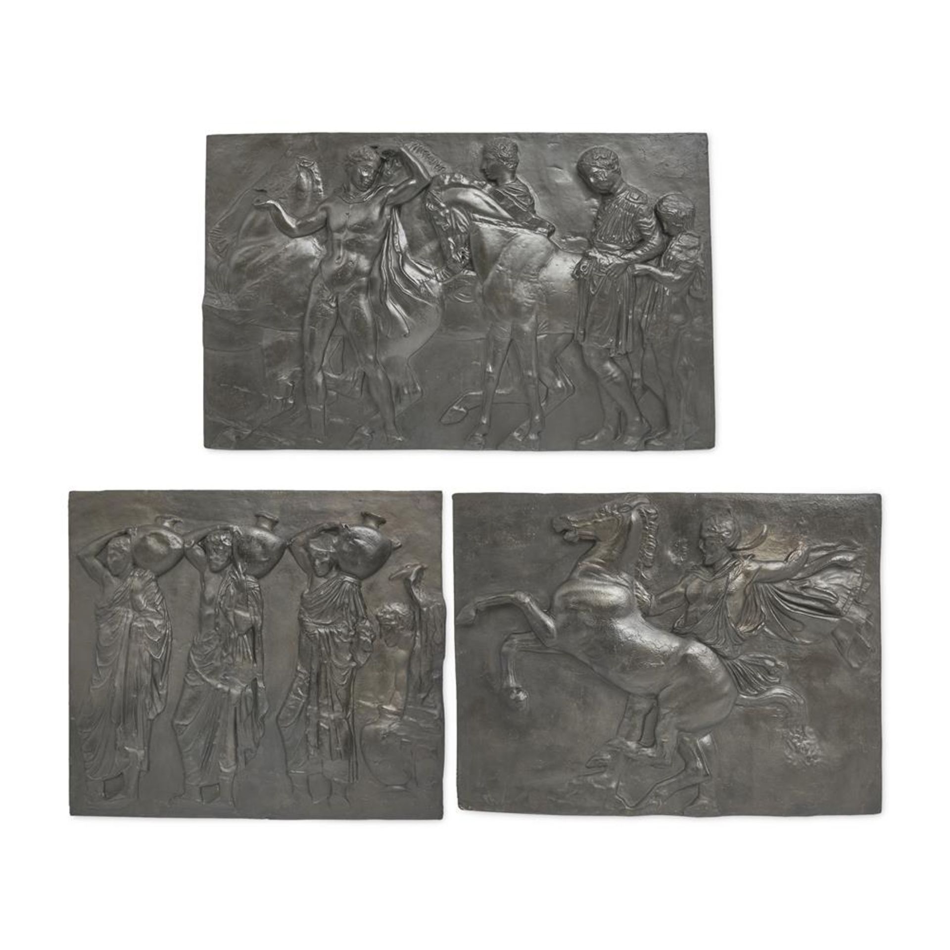 A SET OF THREE LARGE PLASTER RELIEFS OF CLASSICAL SCENES, 19TH CENTURY FRENCH OR BELGIAN
