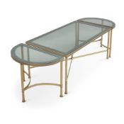 A FRENCH GILT METAL AND SMOKED GLASS THREE PIECE LOW CENTRE TABLE, SECOND HALF 20TH CENTURY