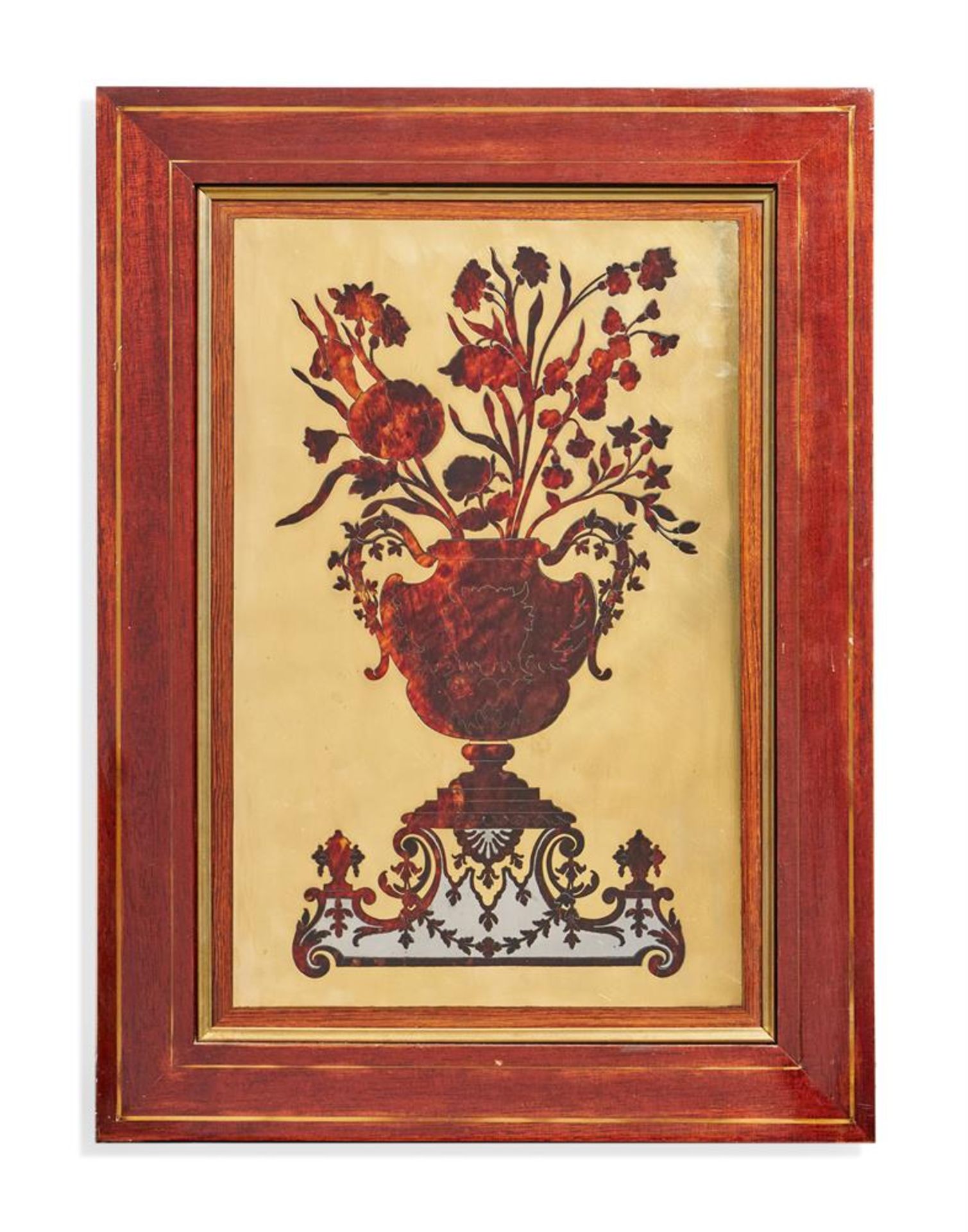 Y A FRAMED RED TORTOISESHELL AND BRASS BOULLE WORK PANEL OF A VASE OF FLOWERS FRENCH, CIRCA 1860