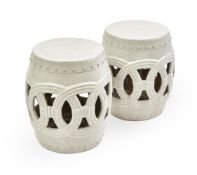 PAIR CHINESE WHITE GLAZE EARTHENWARE LATTICE BARREL GARDEN STOOLS, EARLY 20TH CENTURY