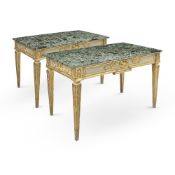 A PAIR OF NORTH ITALIAN PARCEL GILT AND GREY GREEN PAINTED NEO-CLASSICAL CONSOLE TABLES, CIRCA 1800