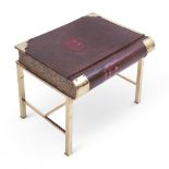 A VINTAGE LEATHER COVERED FAUX BOOK TABLE, 20TH CENTURY