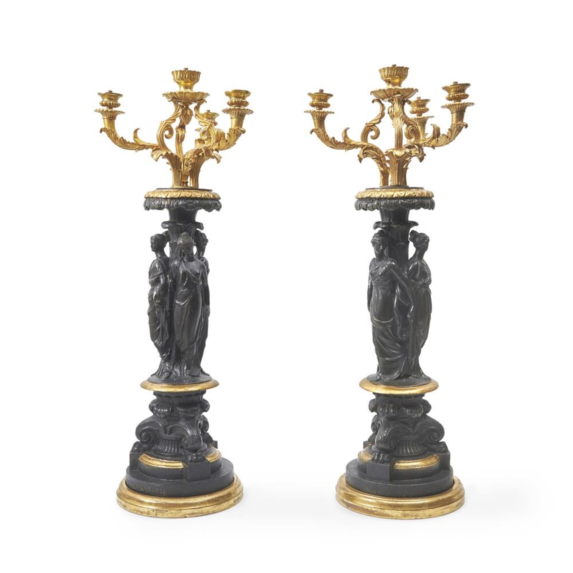 A PAIR OF FRENCH CAST IRON AND ORMOLU FIGURAL CANDELABRA J.J. DUCEL, PARIS, CIRCA 1860 AND LATER
