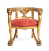 A GILTWOOD AND CARVED GESSO ROMAN STYLE TUB CHAIR ITALIAN, CIRCA 1880