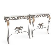 A PAIR OF FRENCH WROUGHT IRON CONSOLE TABLES, MID 20TH CENTURY