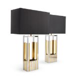 A PAIR OF ITALIAN CHROME & BRASS GEOMETRIC DESIGN LAMPS BY ROMEO REGA , CIRCA 1970