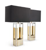 A PAIR OF ITALIAN CHROME & BRASS GEOMETRIC DESIGN LAMPS BY ROMEO REGA , CIRCA 1970