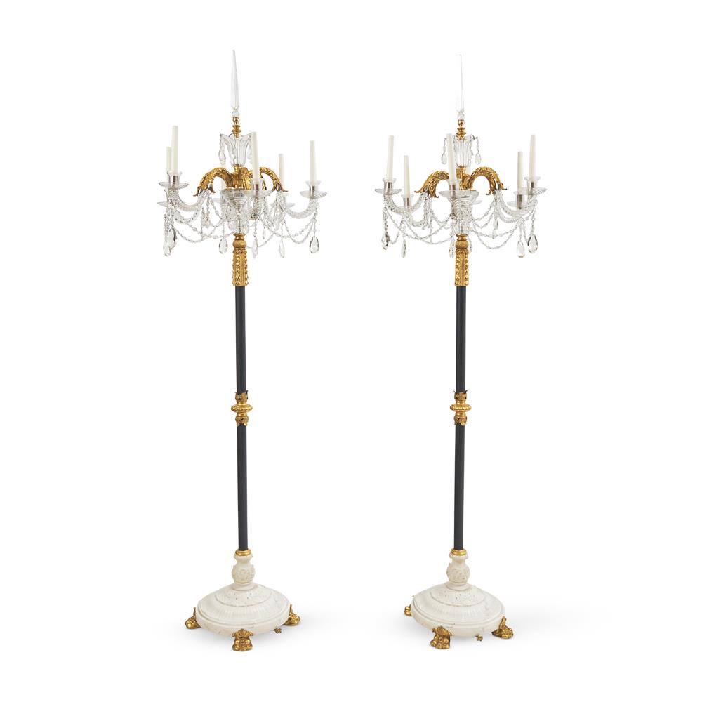 A GOOD PAIR OF NEOCLASSICAL SIX LIGHT GLASS AND GILT BRONZE FLOOR STANDING CANDELABRA, CIRCA 1900