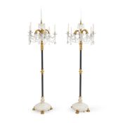 A GOOD PAIR OF NEOCLASSICAL SIX LIGHT GLASS AND GILT BRONZE FLOOR STANDING CANDELABRA, CIRCA 1900