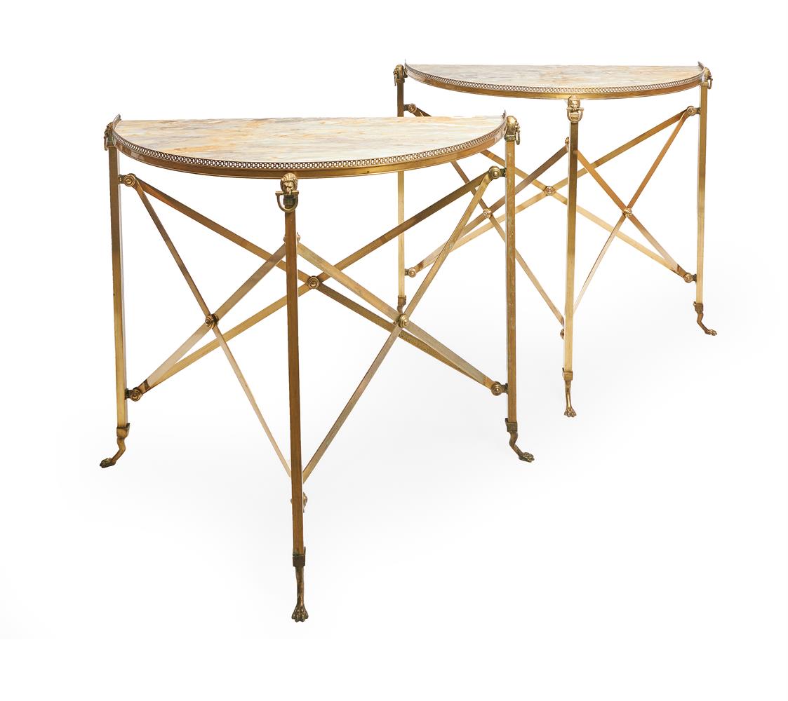 A PAIR OF GILT METAL CONSOLE TABLES IN CAMPAIGN STYLE, MID 20TH CENTURY