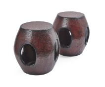 A PAIR OF CHINESE CRACKLED RED LACQUER BARREL STOOLS, MODERN
