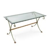 A CONTINENTAL PAINTED AND PARCEL GILT WROUGHT IRON CENTRE TABLE, MID 20TH CENTURY