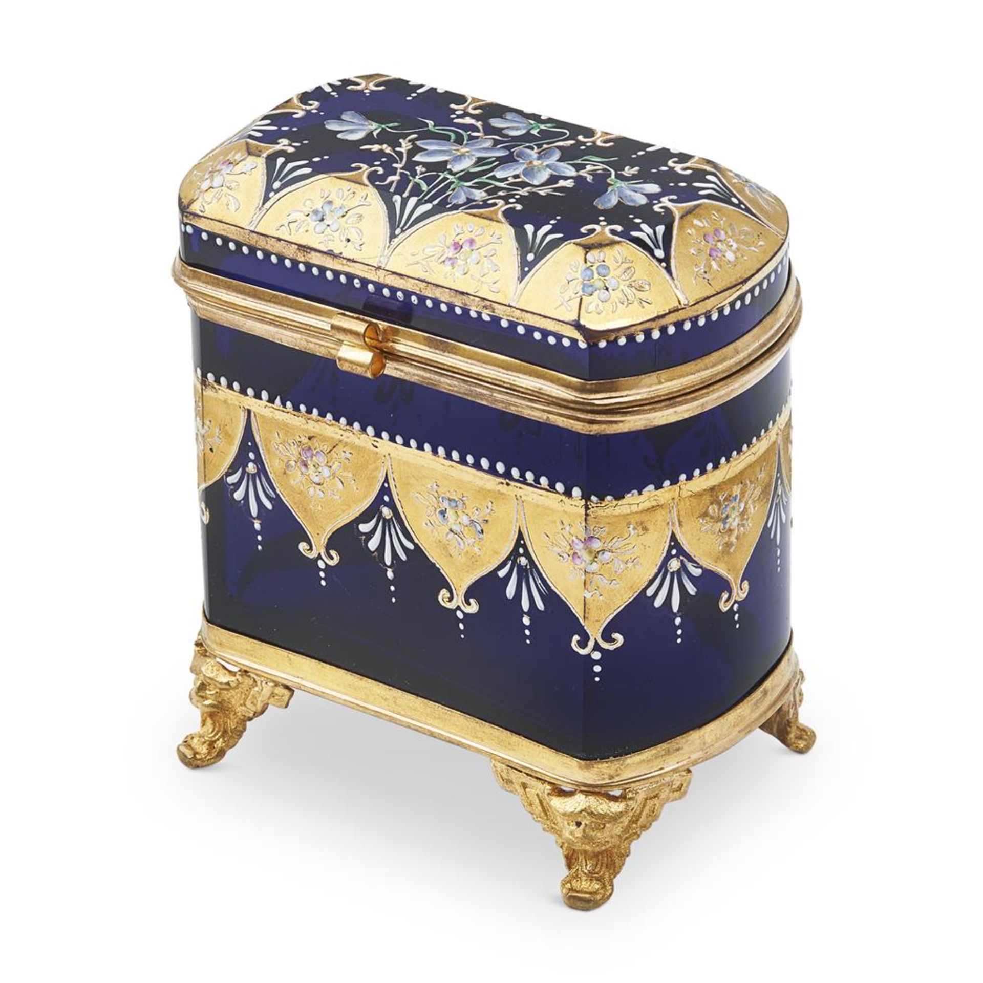 A VENETIAN BLUE GLASS, ENAMELLED, AND GILT METAL MOUNTED SHAPED RECTANGULAR BOX AND HINGED COVER