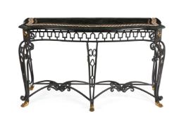 A FRENCH WROUGHT IRON AND GILT METAL MOUNTED CONSOLE TABLE, 20TH CENTURY