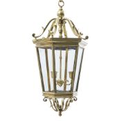 AN EDWARDIAN BRONZE HEXAGONAL TAPERED LANTERN WITH CHAIN, CIRCA 1910