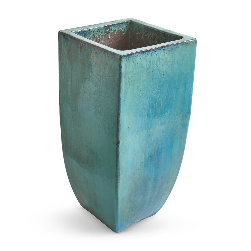 A TALL BLUE/GREEN GLAZE TAPERED SQUARE SECTION JAR, 20TH CENTURY