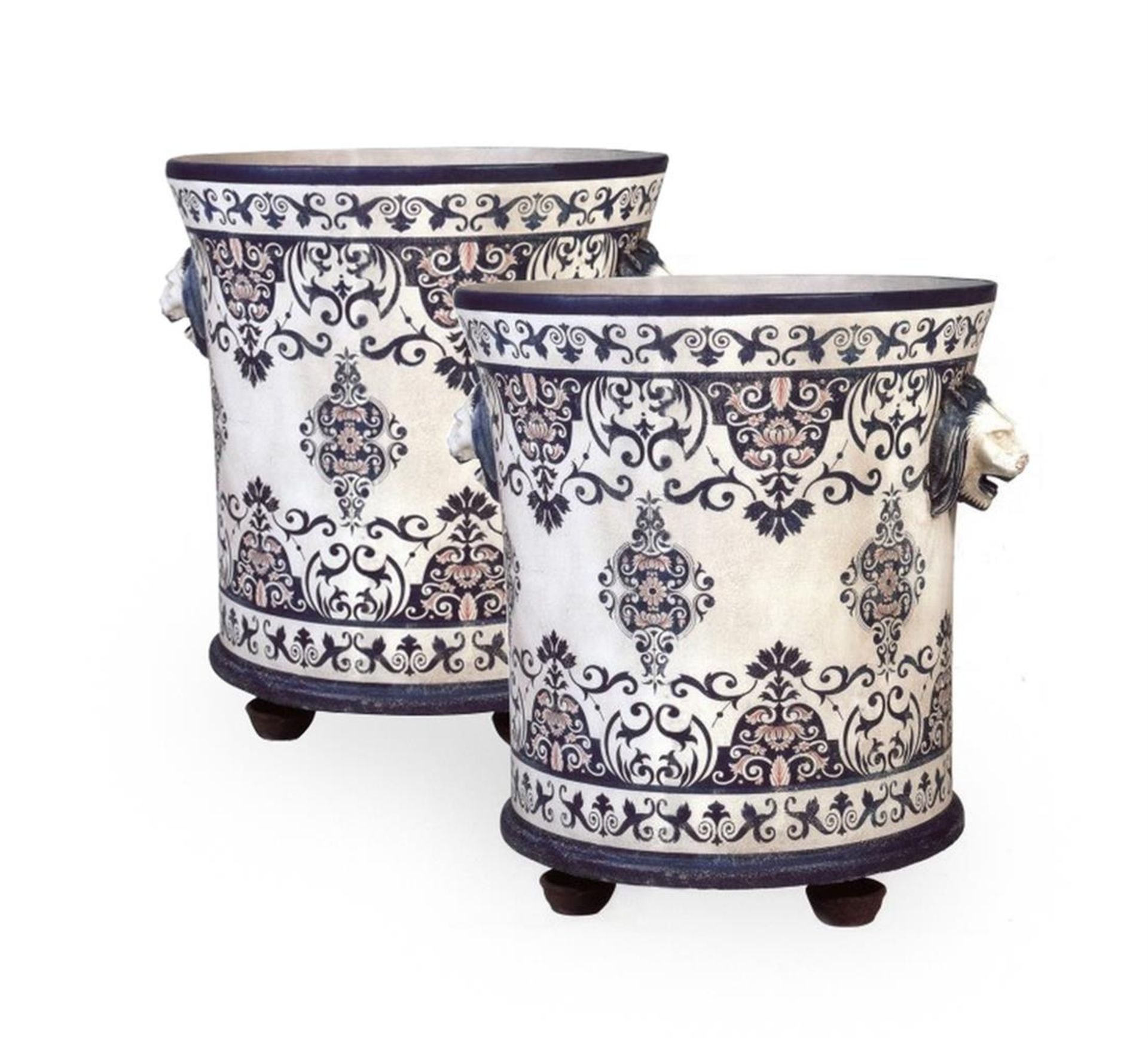 A PAIR OF BLUE ORANGERIE URNS BY GUINEVERE