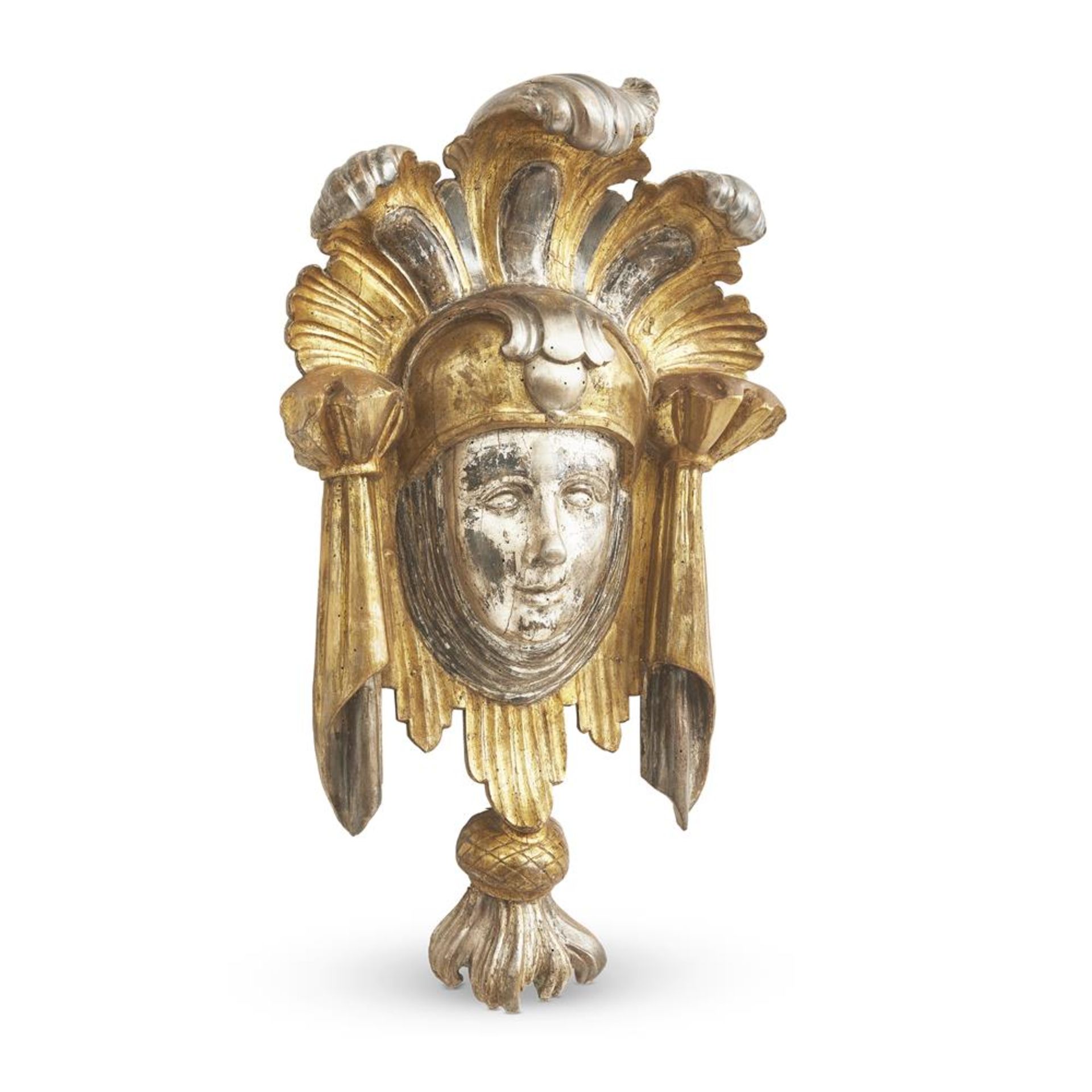 A VENETIAN GILT AND SILVERED CARVED WOODEN THEATRICAL WALL MASK, 18TH CENTURY