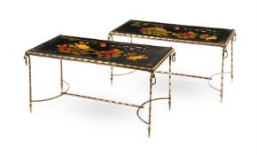 A PAIR OF GILT METAL , BLACK LACQUER AND GILT JAPANNED LOW TABLES