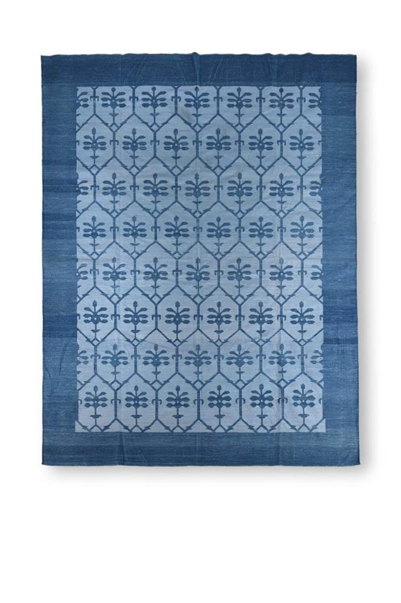 A BLUE ON BLUE BHOPAL DESIGN DHURRIE, MODERN