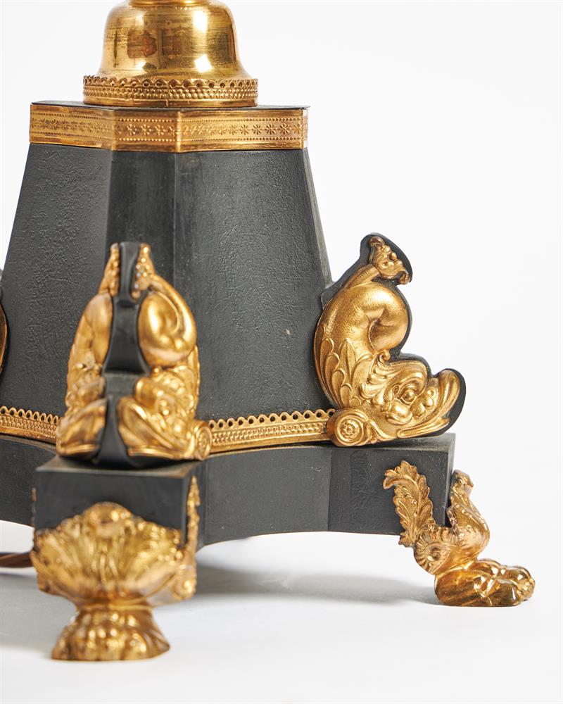 A PAIR OF LOUIS PHILIPPE TOLE PEINTE AND GILT BRONZE LAMP BASES, CIRCA 1820-1840 - Image 2 of 3