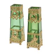 A PAIR OF FRENCH ORMOLU MOUNTED GREEN GLASS VASES, CIRCA 1920