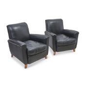 A PAIR OF BLACK LEATHER ARMCHAIRS FRENCHFRENCH, CIRCA 1960