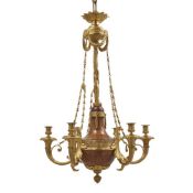 AN UNUSUAL BALTIC OR FRENCH EMPIRE STYLE GILT BRONZE AND BURR WALNUT SIX LIGHT CHANDELIER