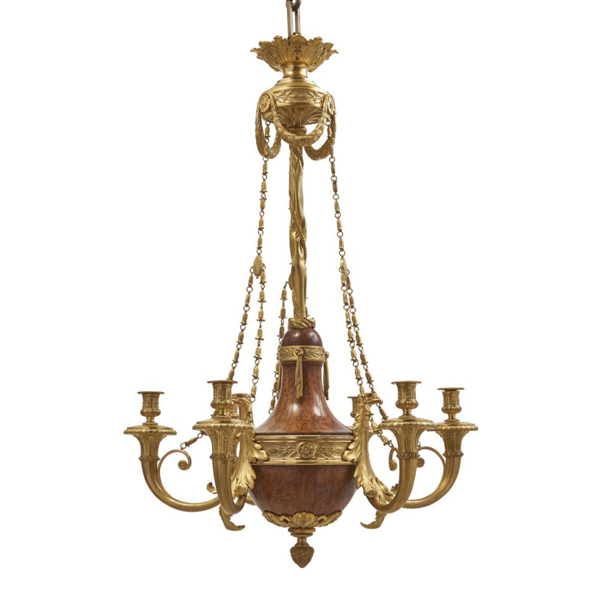 AN UNUSUAL BALTIC OR FRENCH EMPIRE STYLE GILT BRONZE AND BURR WALNUT SIX LIGHT CHANDELIER