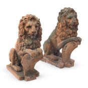 A PAIR OF FRENCH TERRACOTTA MODELS OF LIONS, LATE 19TH CENTURY