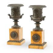 A PAIR OF 'GRAND TOUR' BRONZE AND SIENA MARBLE MEDICI URNS ITALIAN, MID 19TH CENTURY