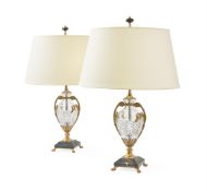 A PAIR OF FRENCH BRONZE MOUNTED CUT GLASS URN LAMPS, CIRCA 1930