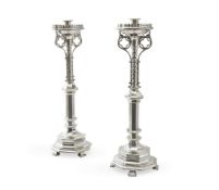 A PAIR OF SILVER PLATED GOTHIC REVIVAL CANDLESTICKS, LAST QUARTER 19TH CENTURY