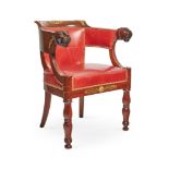 A MAHOGANY AND GILT METAL MOUNTED TUB ARMCHAIR IN THE EMPIRE STYLE, SECOND QUARTER 19TH CENTURY