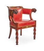 A MAHOGANY AND GILT METAL MOUNTED TUB ARMCHAIR IN THE EMPIRE STYLE, SECOND QUARTER 19TH CENTURY