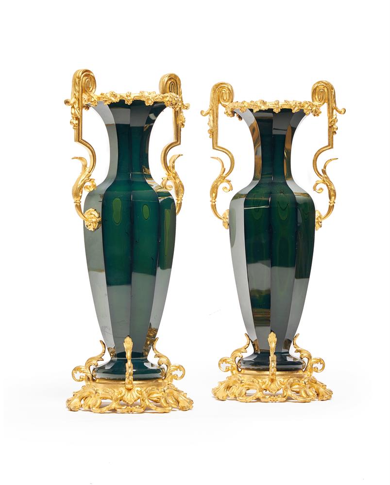 A PAIR OF BOHEMIAN GREEN LITHYALIN GLASS AND GILT METAL MOUNTED VASES, MID 19TH CENTURY - Image 2 of 2