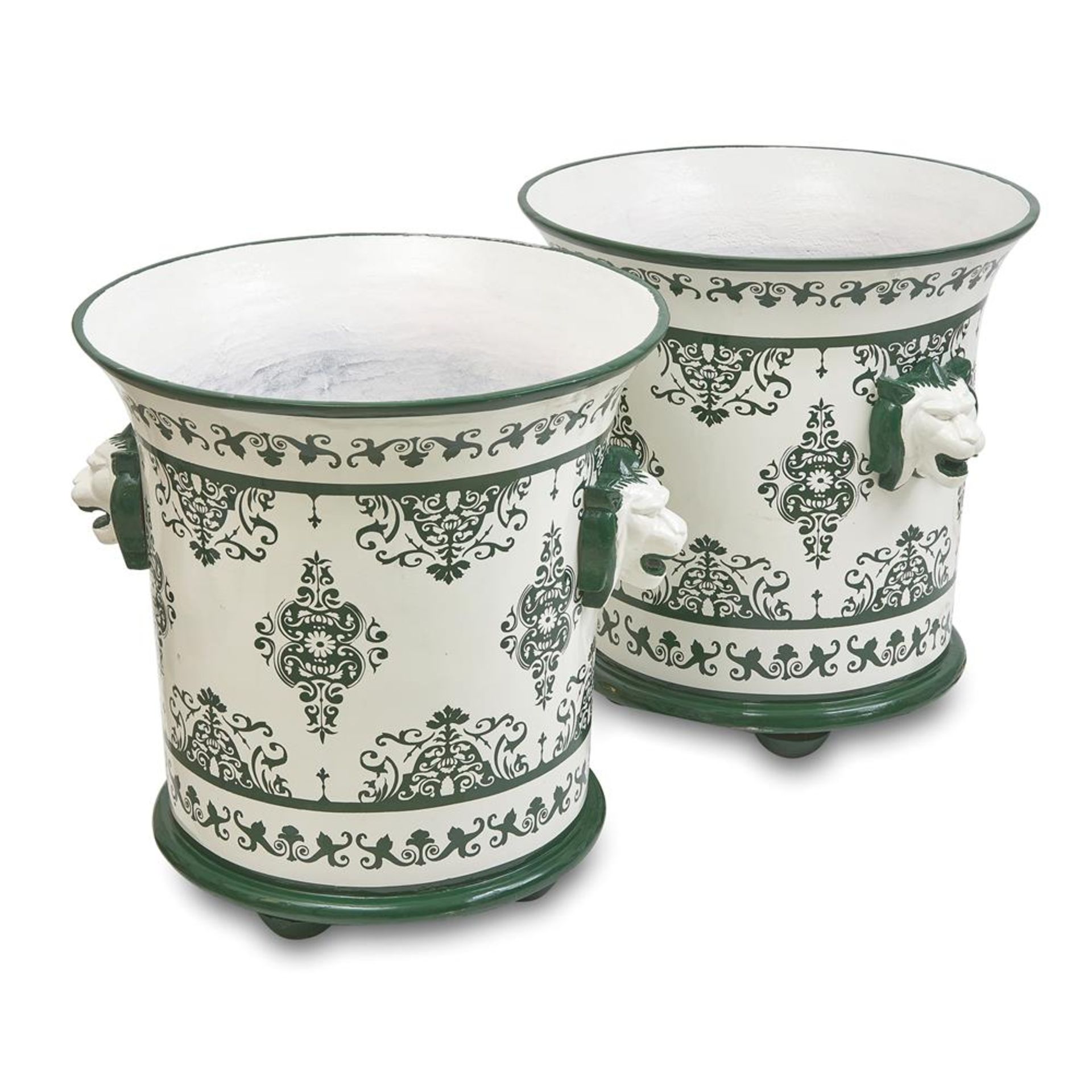 A PAIR OF MODERN ENAMELLED-IRON ORANGERY URNS OF LARGE SIZE BY GUINEVERE